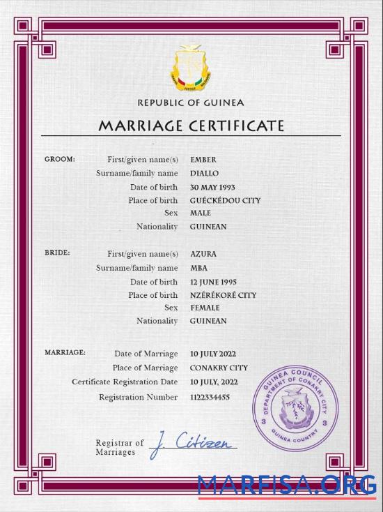 Printable Guniea marriage certificate PSD template